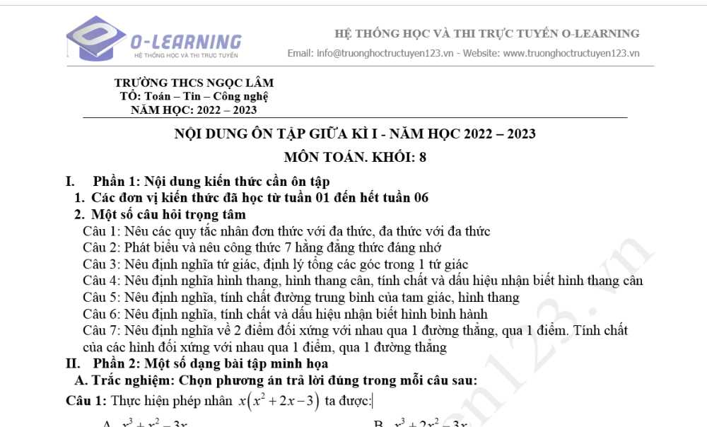 Toán 8: Đề cương Ôn tập giữa học kỳ 1. Trường THCS Ngọc Lâm năm học 2021-2022